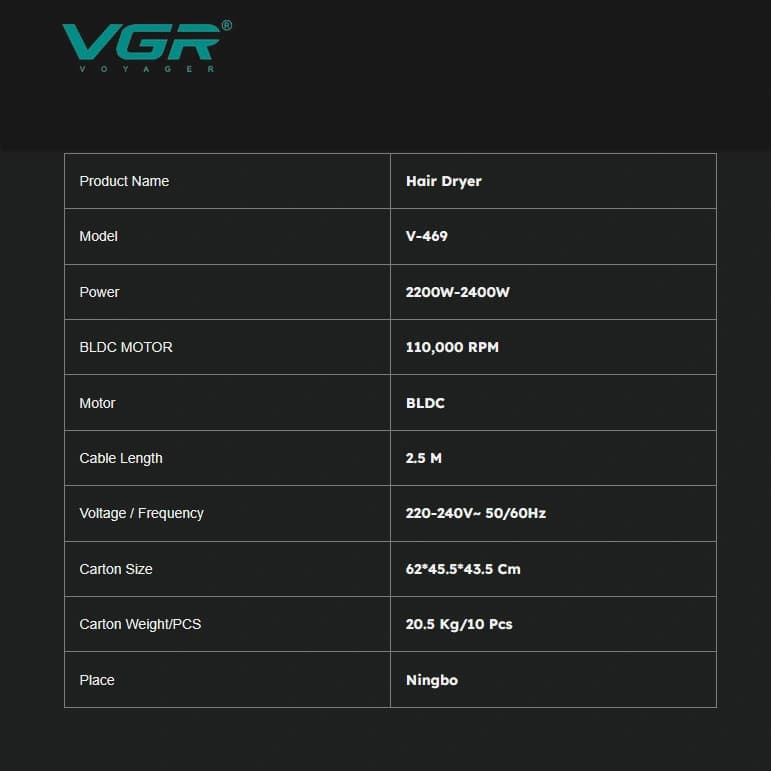 Фен професійний VGR V-469, 4 рівні обдування, 4 рівні температури, 2 насадки, 2400 Вт — фото 2