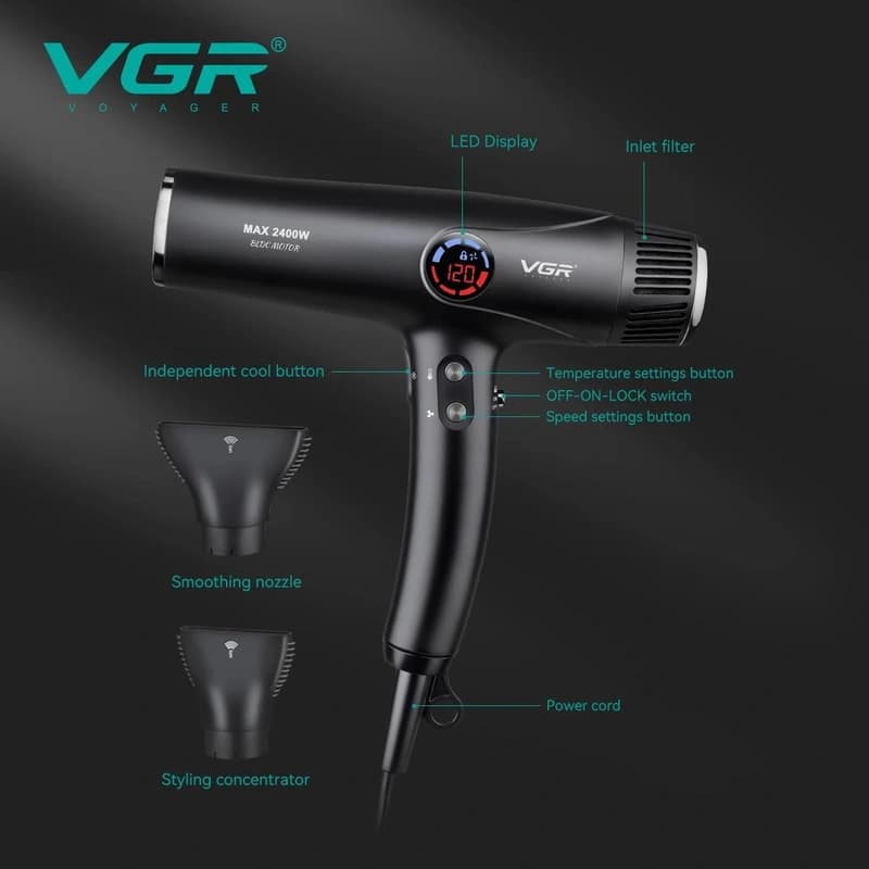 Фен професійний VGR V-469, 4 рівні обдування, 4 рівні температури, 2 насадки, 2400 Вт — фото 3