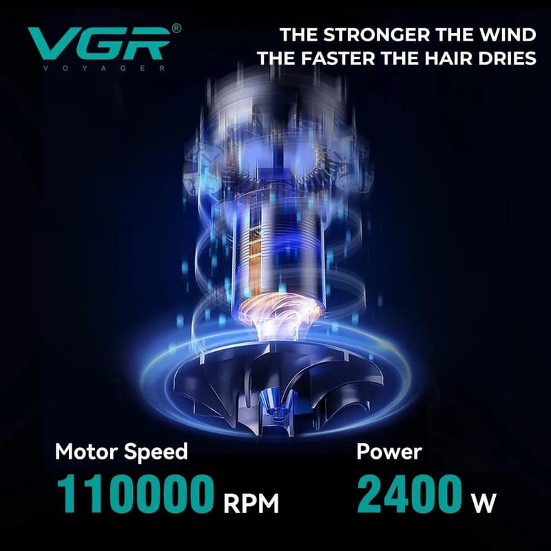 Фен професійний VGR V-469, 4 рівні обдування, 4 рівні температури, 2 насадки, 2400 Вт — фото 4