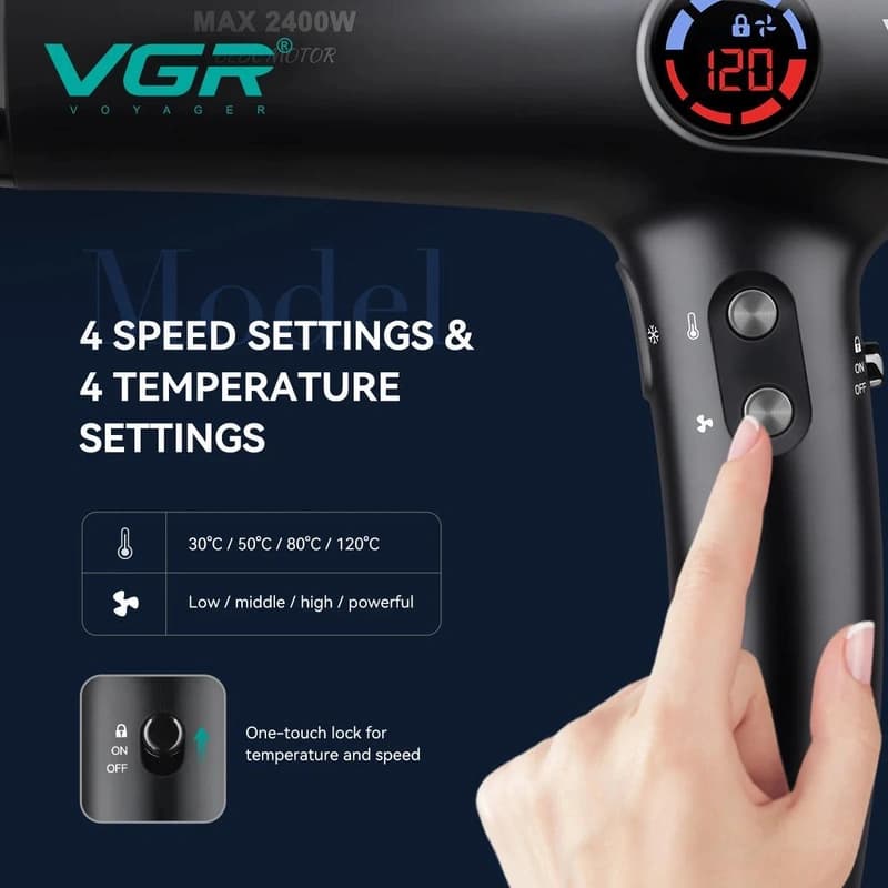 Фен професійний VGR V-469, 4 рівні обдування, 4 рівні температури, 2 насадки, 2400 Вт — фото 5
