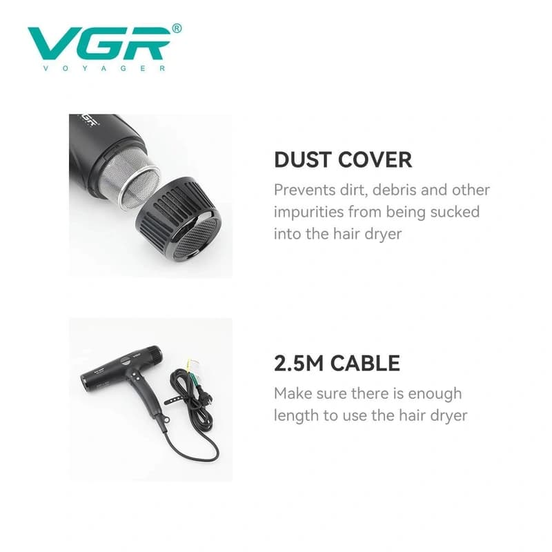 Фен професійний VGR V-469, 4 рівні обдування, 4 рівні температури, 2 насадки, 2400 Вт — фото 6
