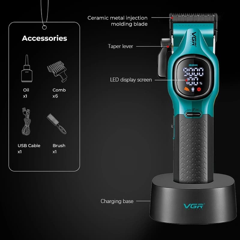 Акумуляторна машника для стриження (clipper) VGR V-886C GREEN, LED display, 9000RPM — фото 2