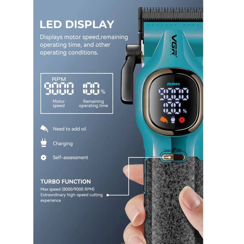 Акумуляторна машника для стриження (clipper) VGR V-886C GREEN, LED display, 9000RPM — фото 6