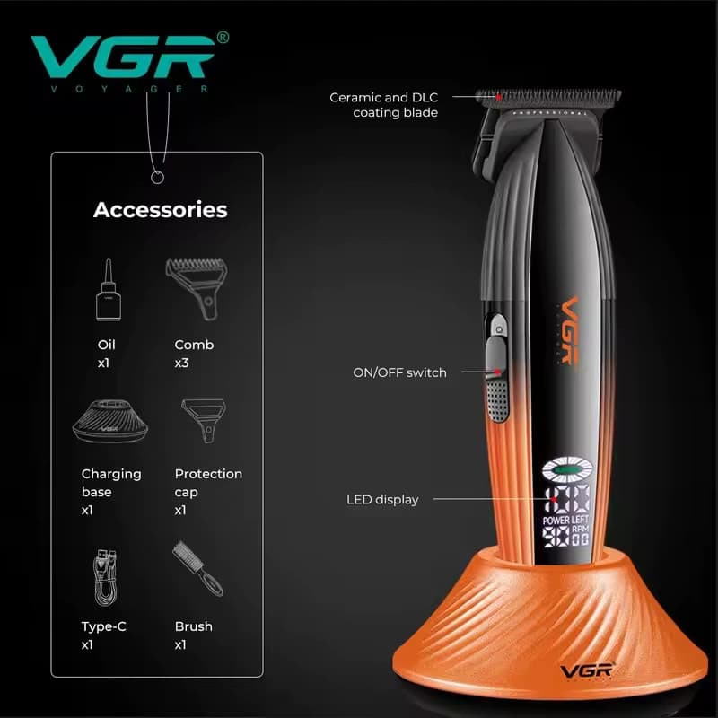 Тример VGR V-889T, 3 насадки, LED display, 9000RPM — фото 2