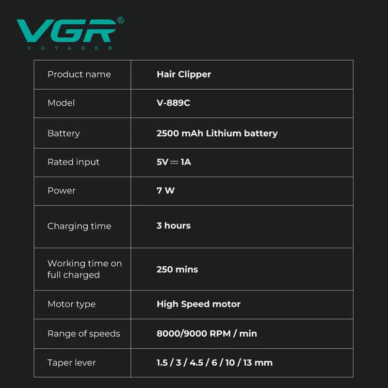 Акумуляторна машника для стриження (clipper) VGR V-889C, 6 насадок, LED display, 9000RPM — фото 5