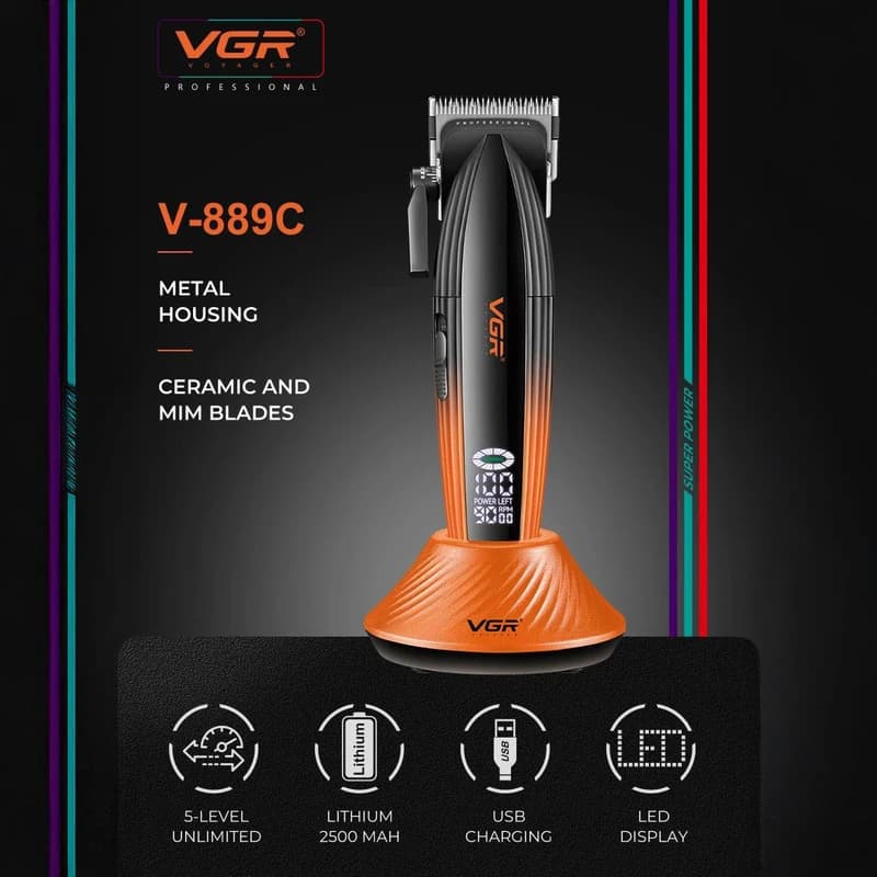 Акумуляторна машника для стриження (clipper) VGR V-889C, 6 насадок, LED display, 9000RPM — фото 6