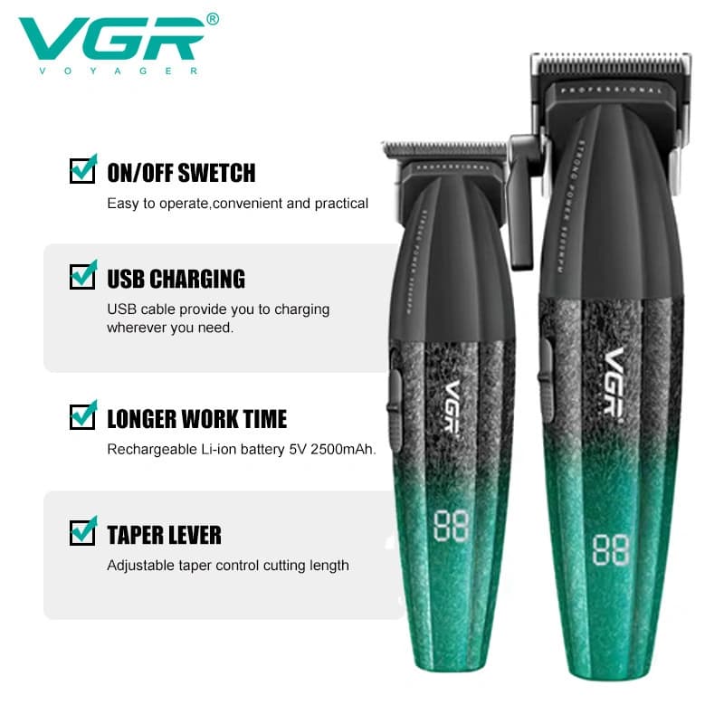 Комплект VGR 2 в 1 V-640 S2 GREEN акумуляторна машинка для стриження (clipper) та триммер — фото 5