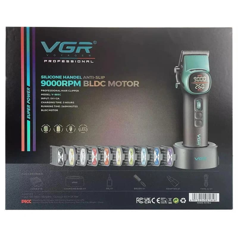 Акумуляторна машника для стриження (clipper) VGR V-885C GREEN, 10 насадок, LED display — фото 4