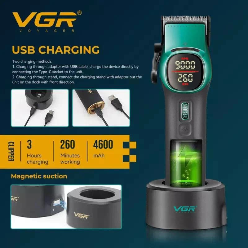 Акумуляторна машника для стриження (clipper) VGR V-885C GREEN, 10 насадок, LED display — фото 8