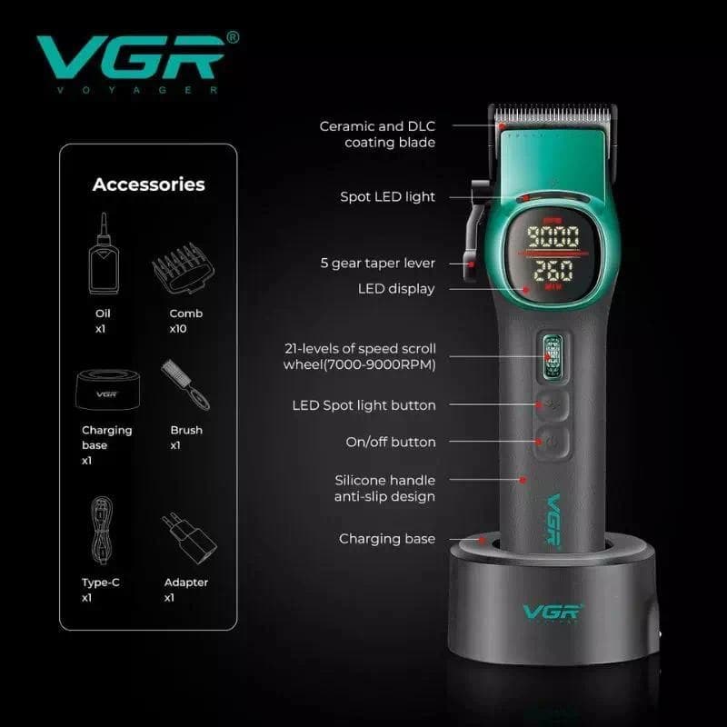 Акумуляторна машника для стриження (clipper) VGR V-885C GREEN, 10 насадок, LED display — фото 10