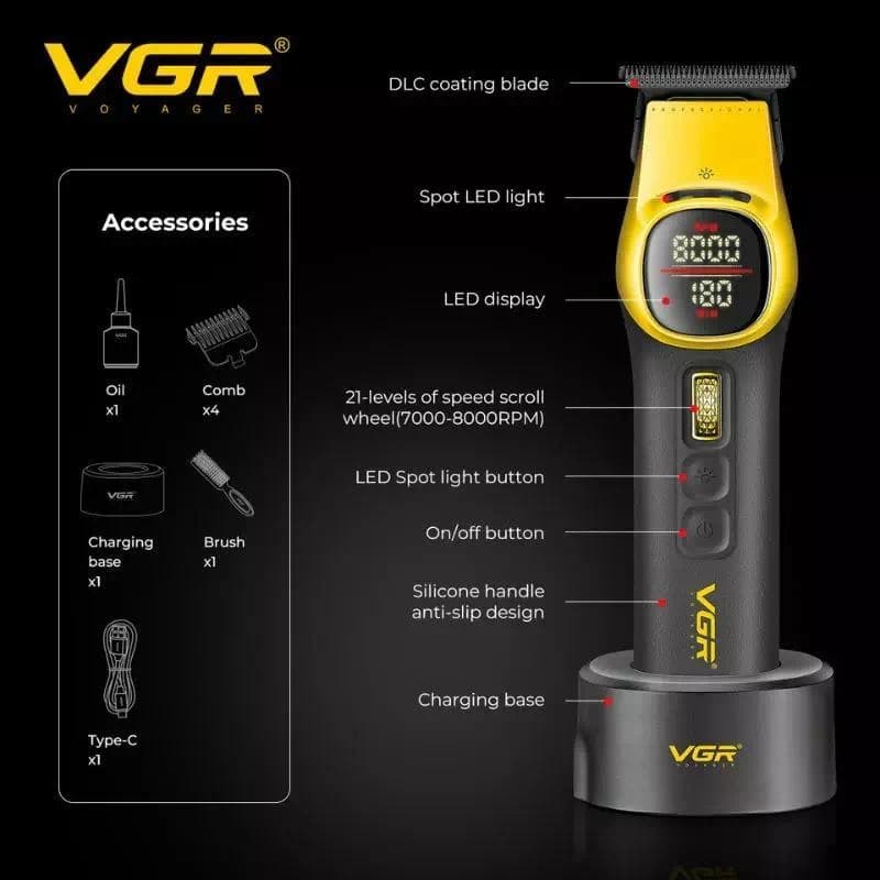 Триммер VGR V-885T GOLD, 4 насадки, LED display — фото 4