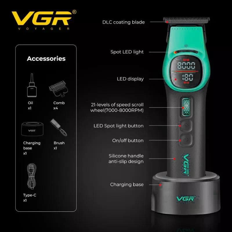 Триммер VGR V-885T GREEN, 4 насадки, LED display — фото 4