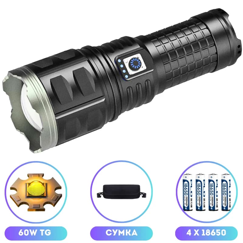 Ліхтар AK138 WHITE LASER LED PM60-TG, 4х18650, power bank, індикація заряду, ЗП Type-C, zoom, Box — фото 1