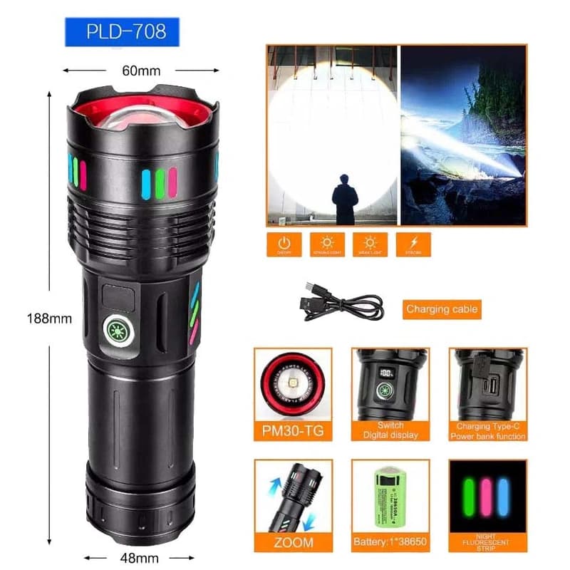 Ліхтар NIGHT VISION FLUORESCENCE 708 WHITE LASER LED PM30-TG, Power Bank, 1x38650, ЗП Type-C, zoom, Box — фото 2