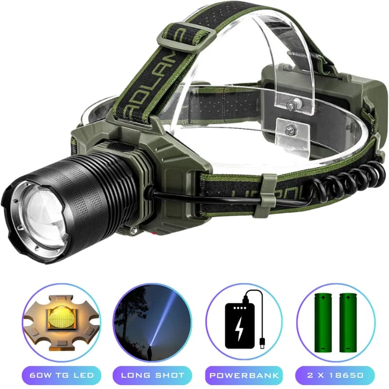 Ліхтар налобний CT023-TG-60W, Power Bank, 2x18650/2x21700, ЗП Type-C, zoom — фото 1