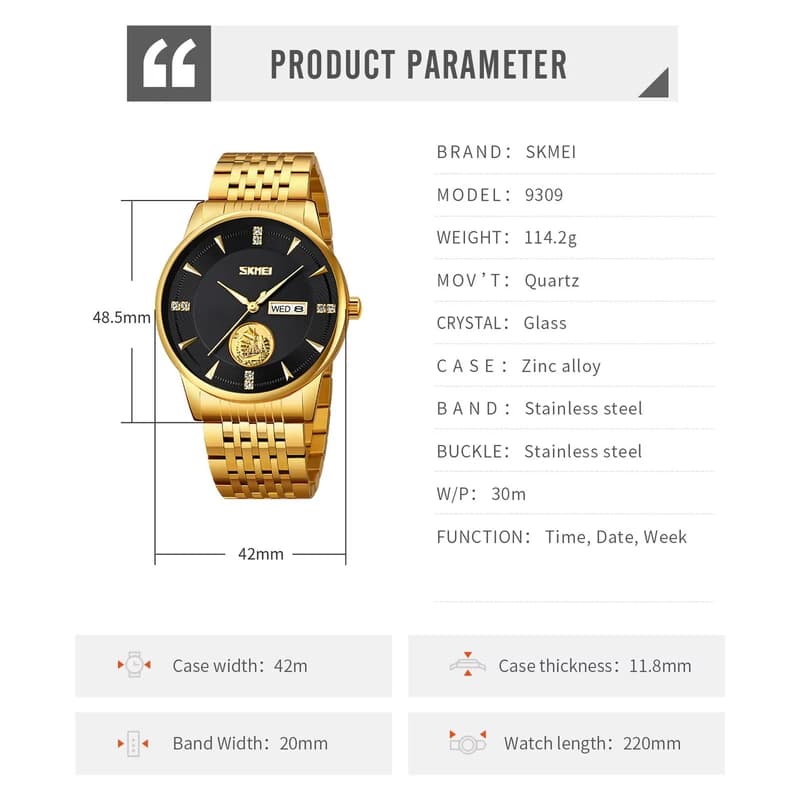 Годинники наручні 9309GDBK SKMEI, GOLD/BLACK — фото 3