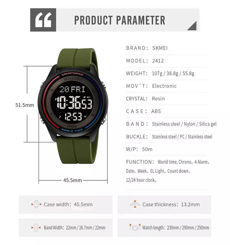 Годинники наручні 2412PAG SKMEI, ARMY GREEN-SILICONE — фото 3