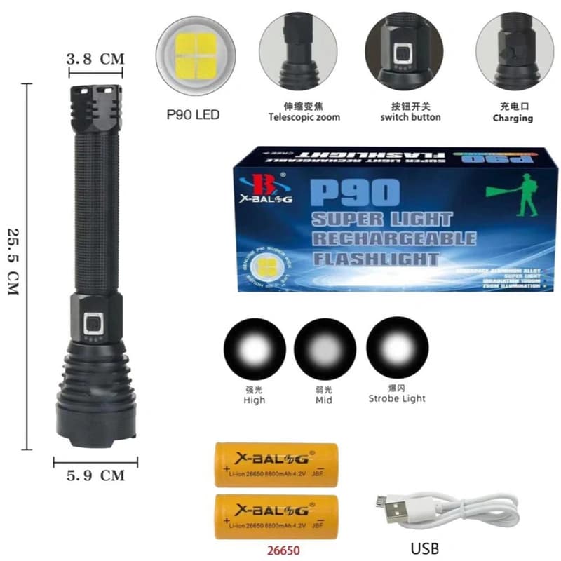 Ліхтар BL-601-P90, 2x26650/2x18650, ЗП Type-C, індикація заряду, zoom, Box — фото 2