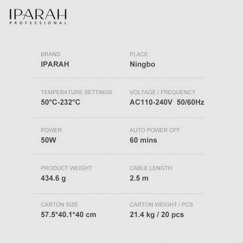 Випрямляч для волосся IPARAH P-128B GREY, 39мм, 50-232 ° C, керамічне покриття, 50 W, LED display — фото 7
