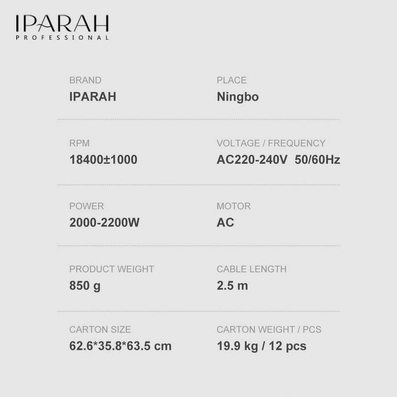 Професійний фен IPARAH P-342, 2 рівня обдува, 3 рівня температури, 2000-2200W — фото 6