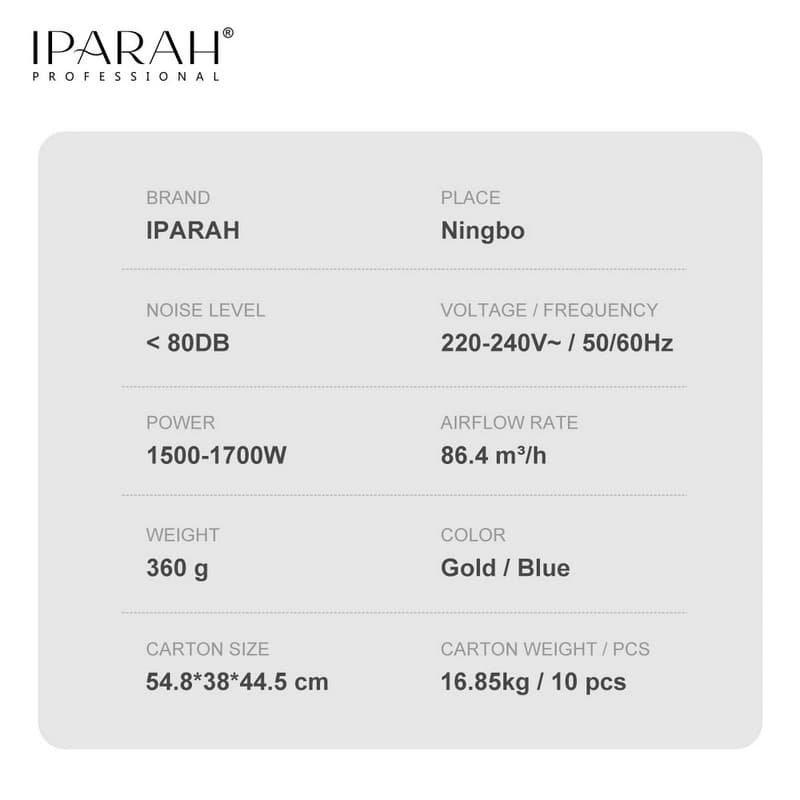 Професійний фен IPARAH P-390B BLUE, 4 рівні обдування, 4 рівні температури, 110000RPM, 1500-1700W — фото 5