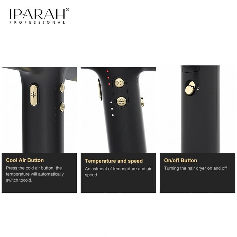 Професійний фен IPARAH P-390G BLACK, 4 рівні обдування, 4 рівні температури, 110000RPM, 1500-1700W — фото 4