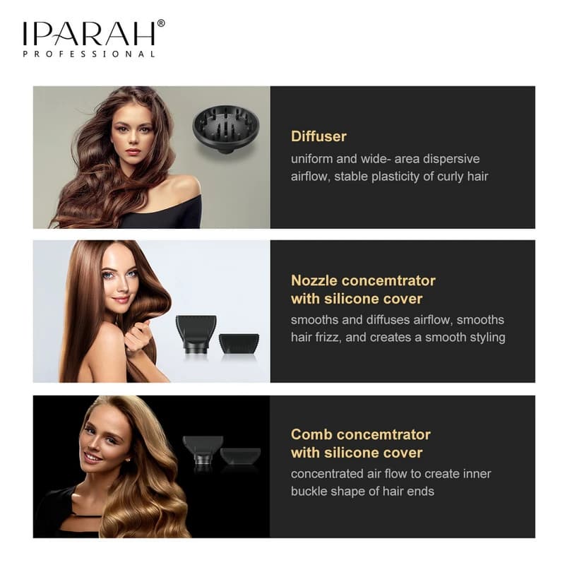 Професійний фен IPARAH P-390G BLACK, 4 рівні обдування, 4 рівні температури, 110000RPM, 1500-1700W — фото 5