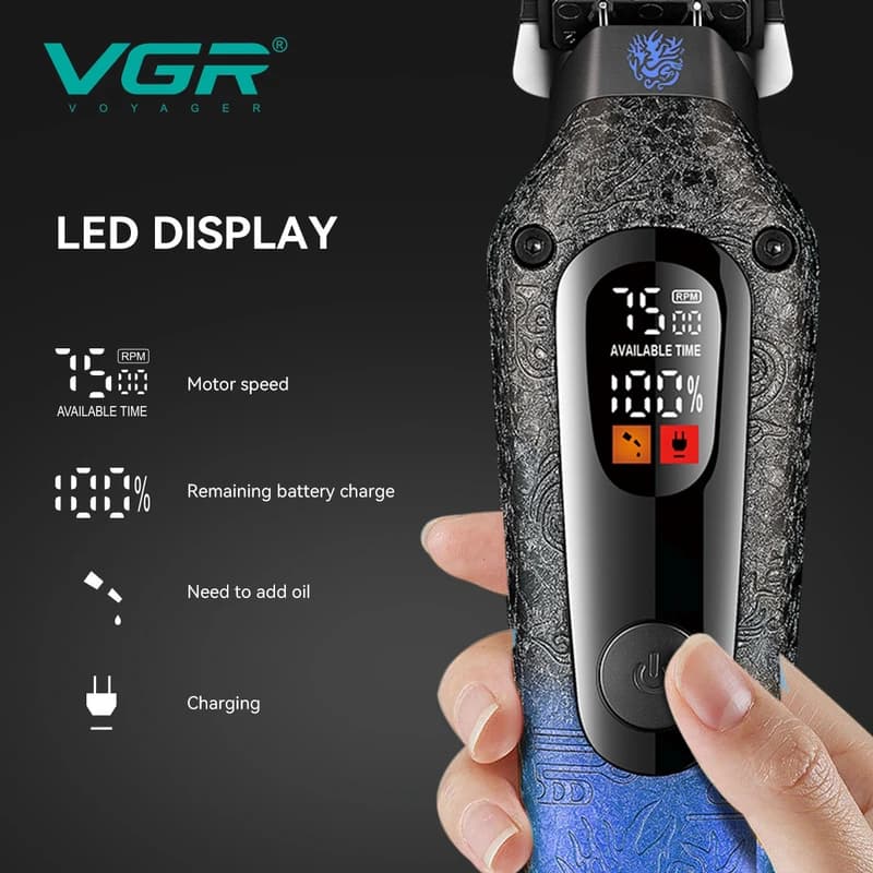 Триммер VGR V-879T BLUE, 4 насадки, 7500 RPM, 1500 mAh, LED display — фото 5