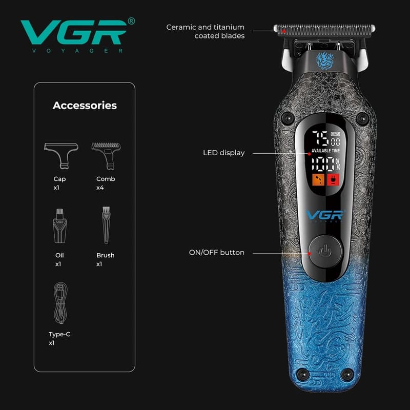 Триммер VGR V-879T BLUE, 4 насадки, 7500 RPM, 1500 mAh, LED display — фото 9