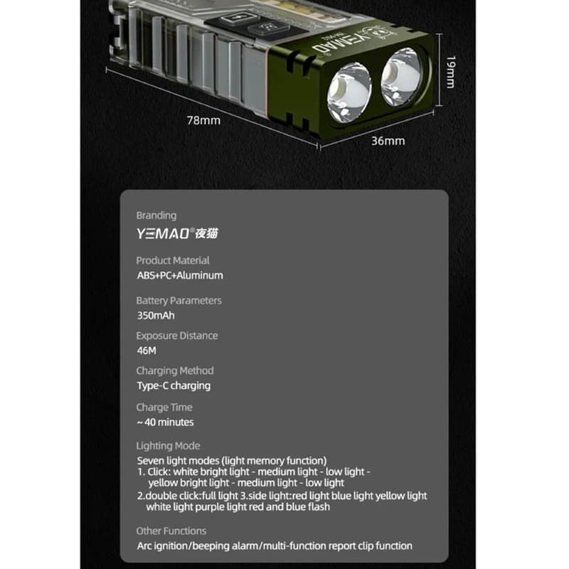 Портативний ліхтар YEMAO YM-M42, 800LM, акумулятор 350 mAh, запальничка, RGB — фото 9