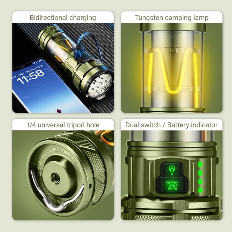 Ліхтар YEMAO YM-A19 9LED, 1x26650, Power Bank, ЗУ Type-C, гачок, 3 фільтри, функція лампи — фото 8