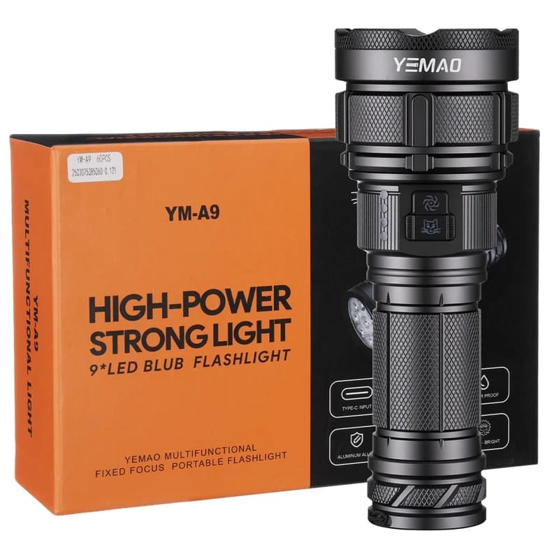 Ліхтар YEMAO YM-A9 9LED, 2x26650, Power Bank, ЗУ Type-C, ковпачок, 3 фільтри — фото 1