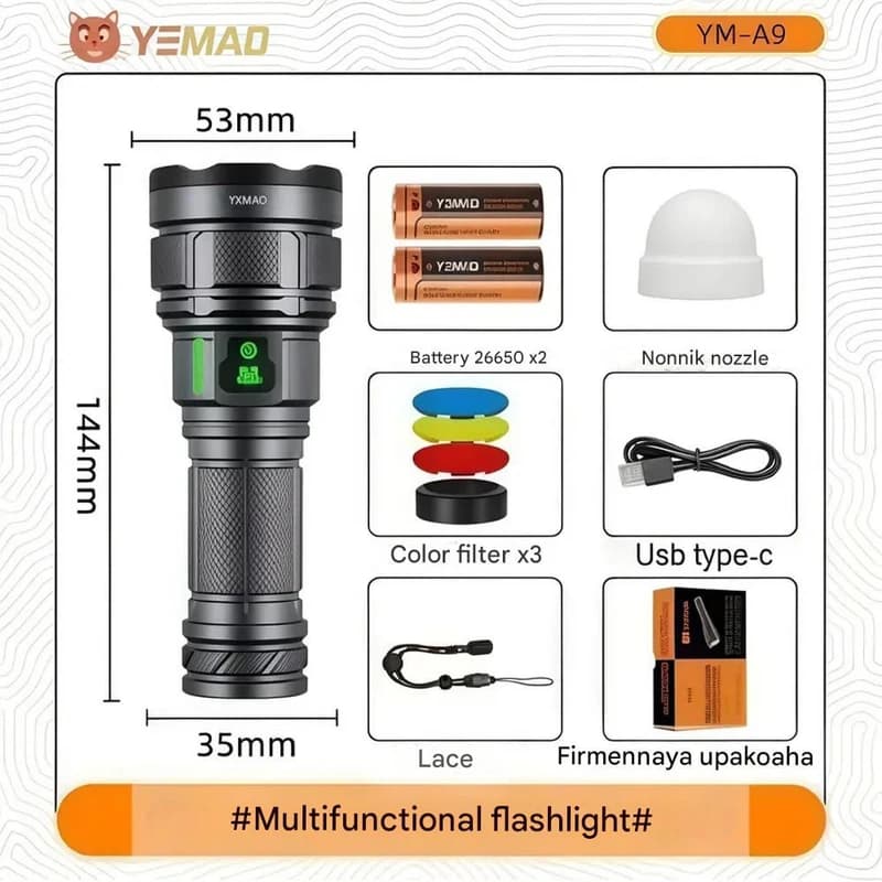 Ліхтар YEMAO YM-A9 9LED, 2x26650, Power Bank, ЗУ Type-C, ковпачок, 3 фільтри — фото 3