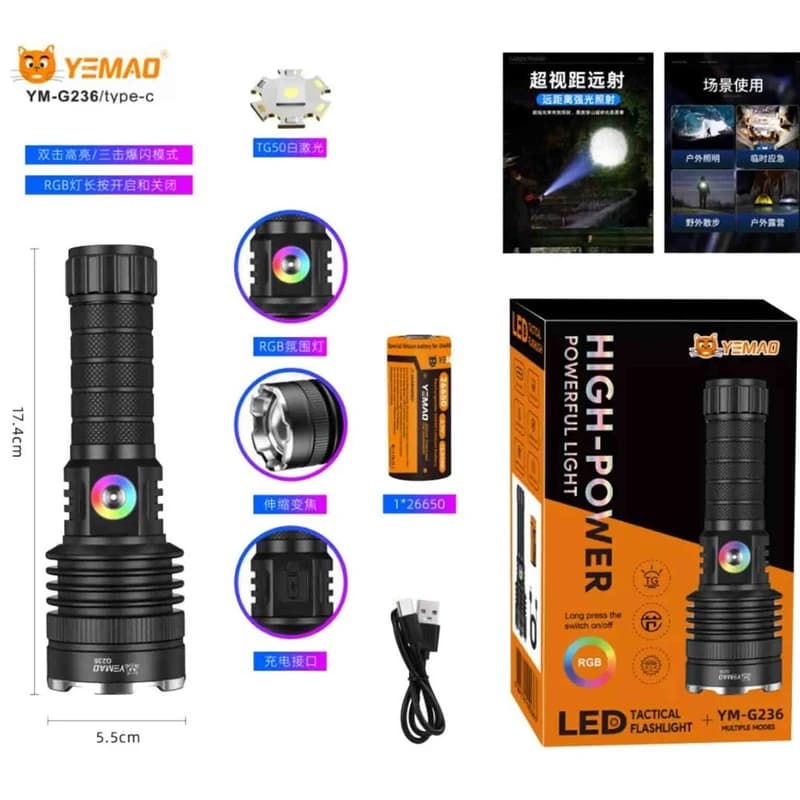 Ліхтар YEMAO YM-G236 TG 50W, 1x26650, ЗУ Type-C, zoom — фото 2