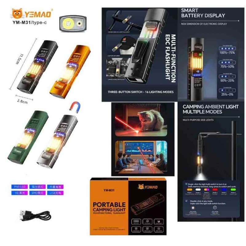 Ліхтар YEMAO YM-M31 P50+лазер(RED)+SMD(RGB), Li-Ion акумулятор, ЗУ Type-C, магніт, затискач — фото 2