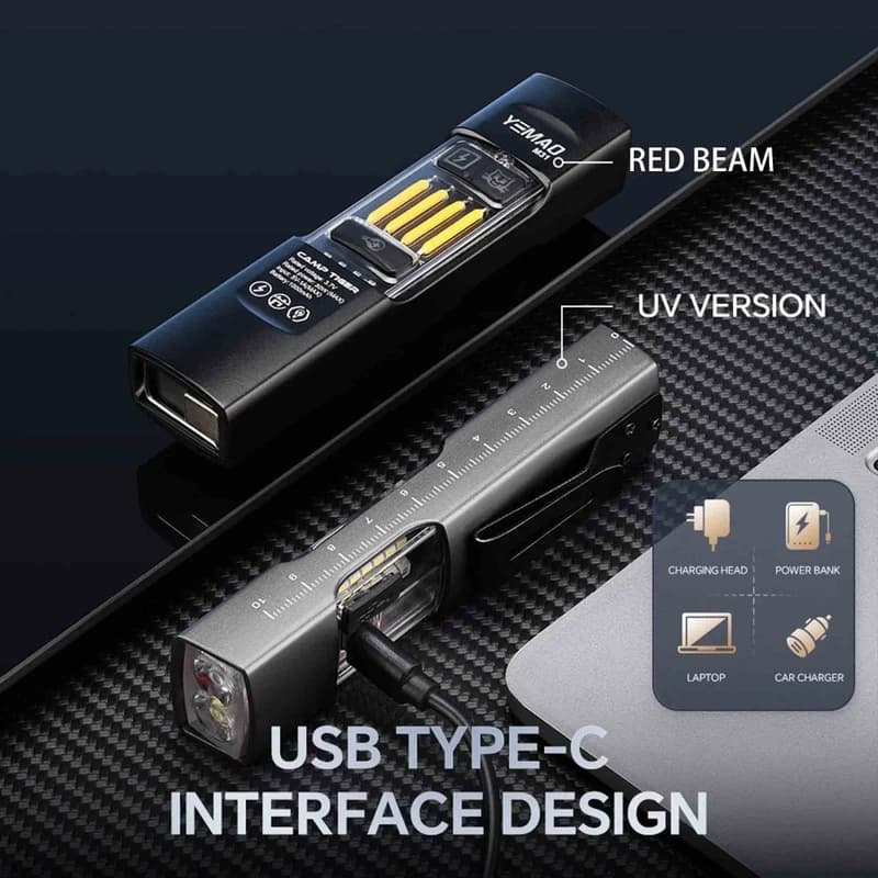Ліхтар YEMAO YM-M31 P50+лазер(RED)+SMD(RGB), Li-Ion акумулятор, ЗУ Type-C, магніт, затискач — фото 9