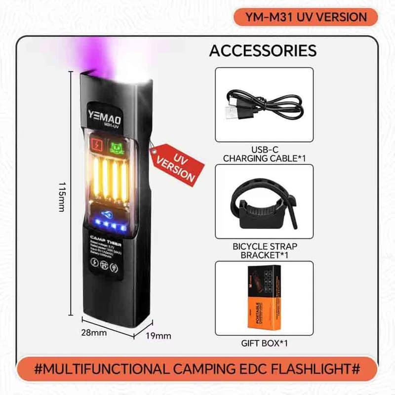 Ліхтар YEMAO YM-M31-UV P50+UV+SMD(RGB), Li-Ion акумулятор, ЗУ Type-C, магніт, затискач — фото 7