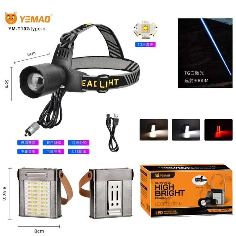 Ліхтар налобний YEMAO YM-T102 TG+SMD(White+Red), Li-Ion акумулятор, ЗУ Type-C, Internal battery, zoom — фото 2