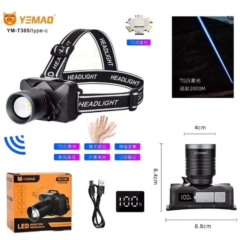 Ліхтар налобний YEMAO YM-T305 TG 30W, Motion Sensor, Li-Ion акумулятор, ЗУ Type-C, zoom — фото 2