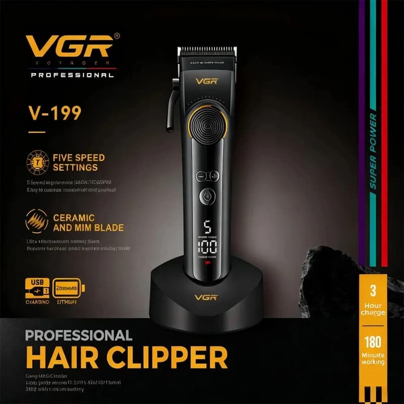 Акумуляторна машинка для стрижки (clipper) VGR V-199 BLACK, 6 насадок, LED display — фото 3