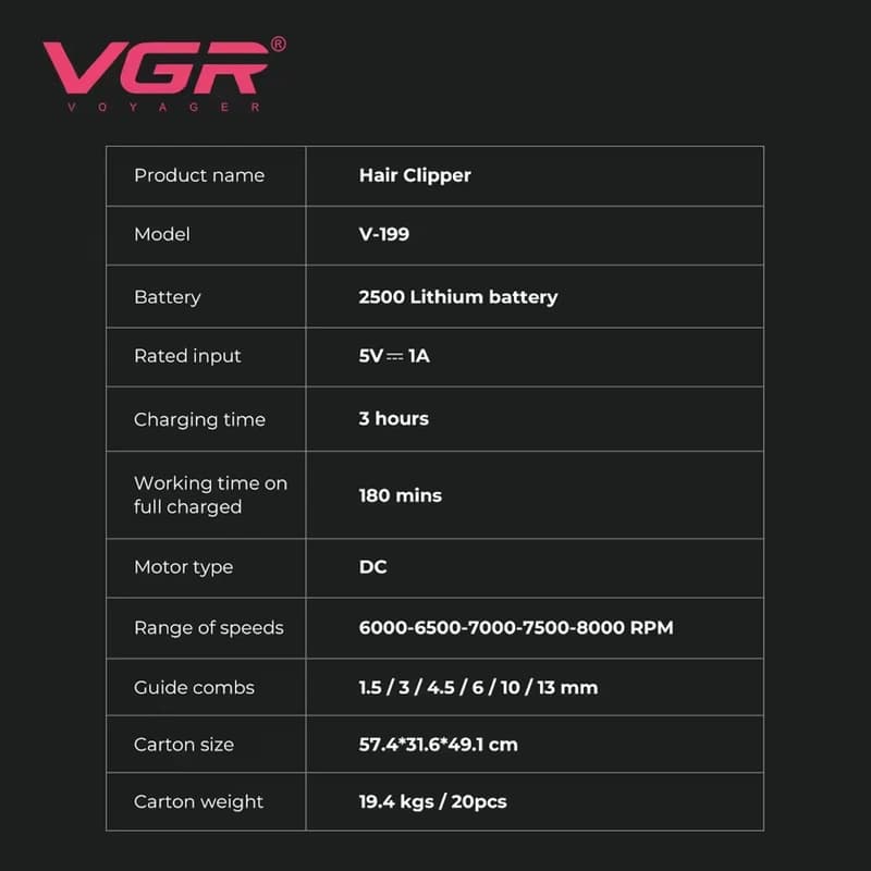 Акумуляторна машинка для стрижки (clipper) VGR V-199 BLACK, 6 насадок, LED display — фото 6
