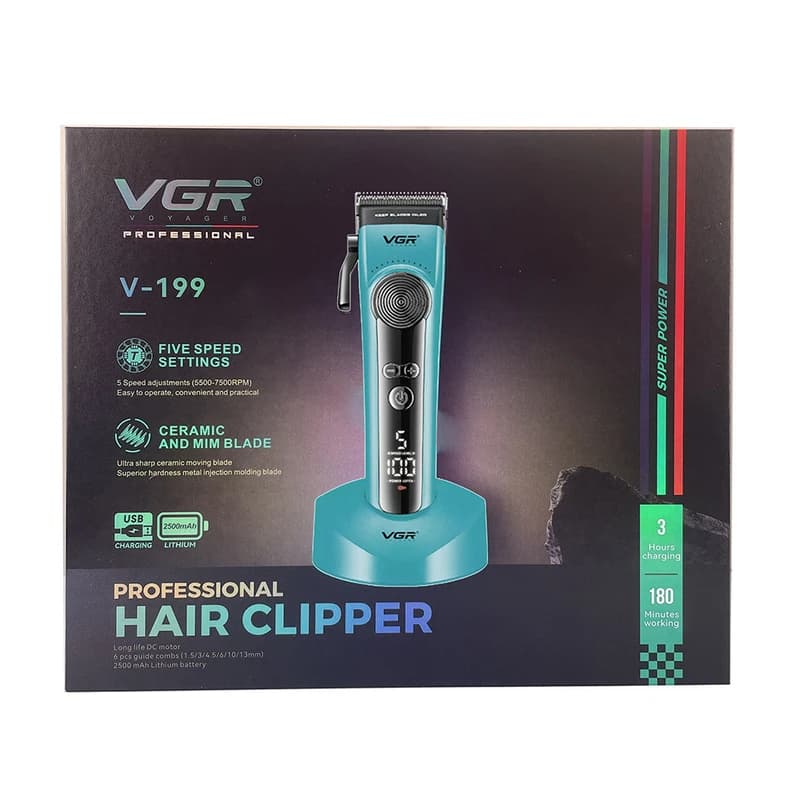 Акумуляторна машинка для стрижки (clipper) VGR V-199 GREEN, 6 насадок, LED display — фото 4