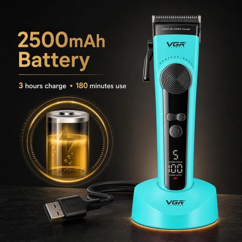 Акумуляторна машинка для стрижки (clipper) VGR V-199 GREEN, 6 насадок, LED display — фото 7