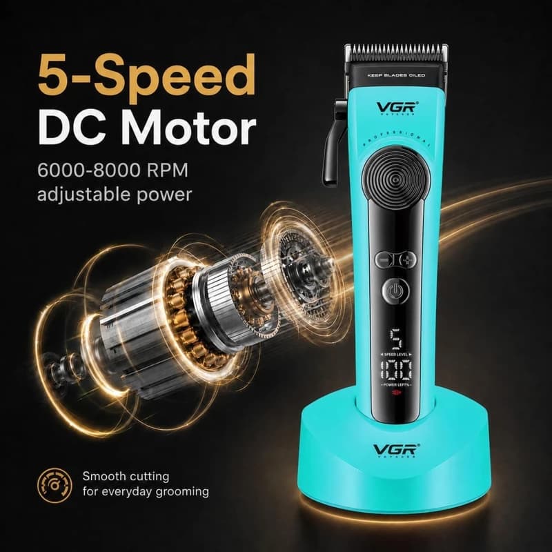 Акумуляторна машинка для стрижки (clipper) VGR V-199 GREEN, 6 насадок, LED display — фото 9