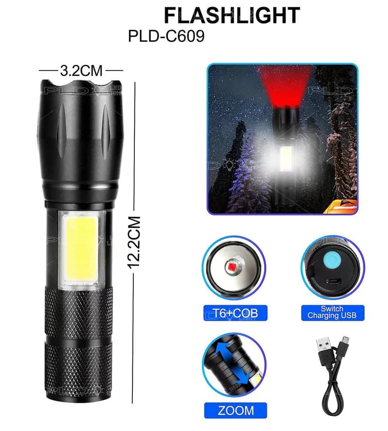 Ліхтар C609-T6(Red)+COB(White), Li-Ion акумулятор, ЗП microUSB, zoom, Box — фото 2