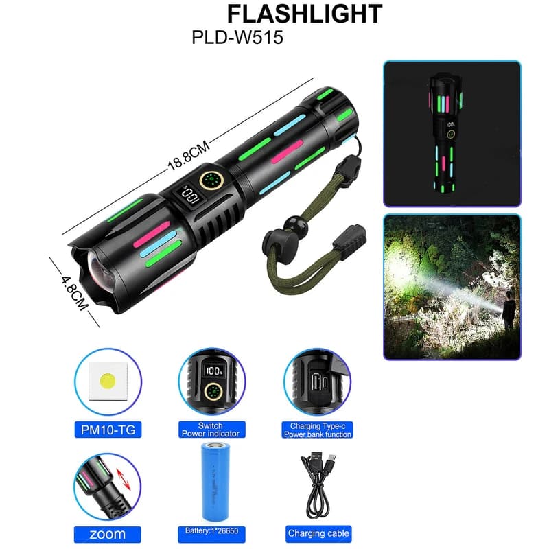 Ліхтар NIGHT VISION FLUORESCENCE W515-PM10-TG, Power Bank,, індикація заряду, 1x26650, ЗП Type-C, zoom, Box — фото 3