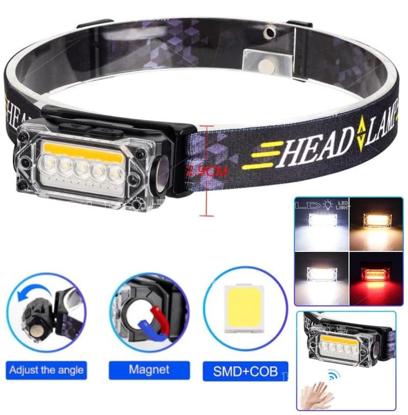 Ліхтар налобний YY-19С-5SMD+COB(white+yellow+red), Motion Sensor, Li-Ion акумулятор, ЗП Type-C, магніт, Box — фото 1