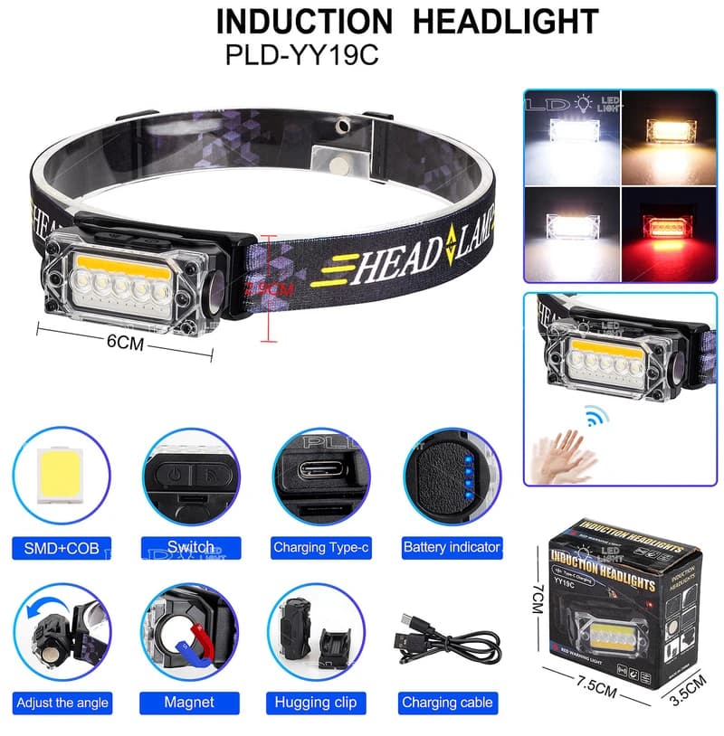 Ліхтар налобний YY-19С-5SMD+COB(white+yellow+red), Motion Sensor, Li-Ion акумулятор, ЗП Type-C, магніт, Box — фото 2