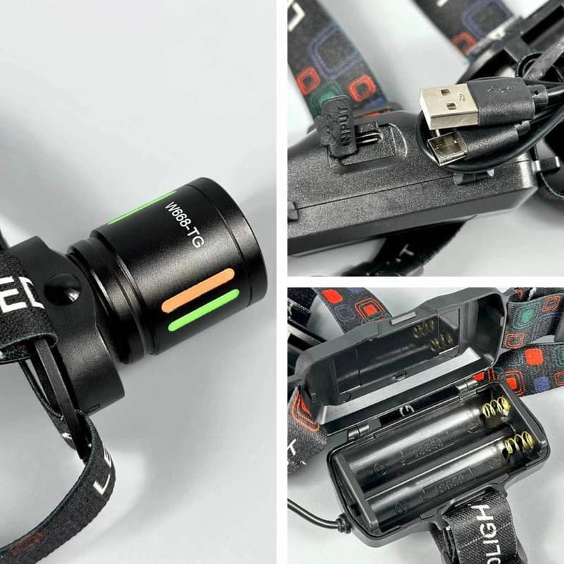 Ліхтар налобний NIGHT VISION FLUORESCENCE W668-TG, 2x18650, ЗП Type-C, zoom, Box — фото 4