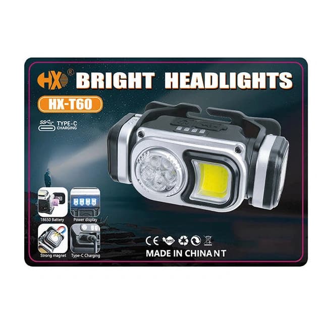 Ліхтар налобний HX-T60-5SMD+COB(White+Red), Waterproof, 1x18650, ЗП Type-C, магніт, Box — фото 3